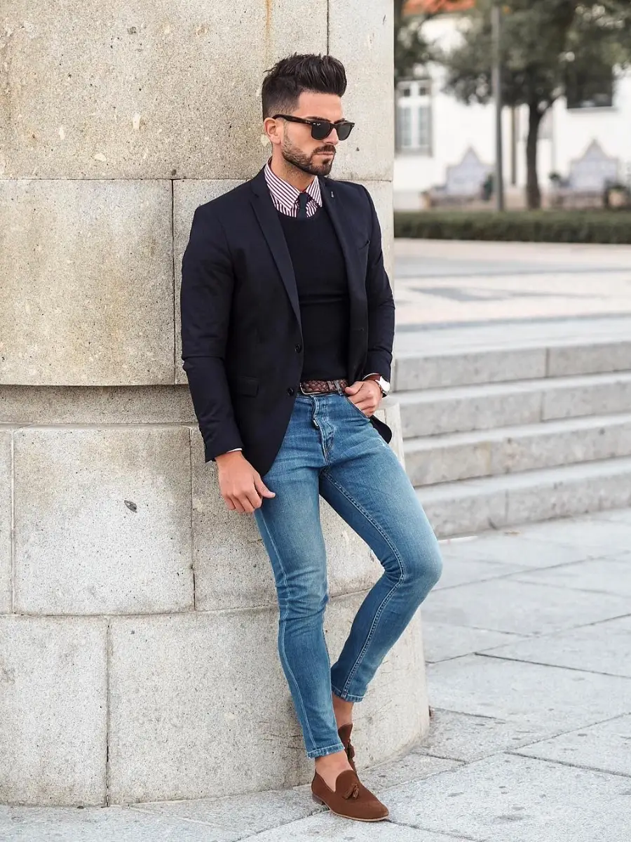 Black Blazer with Shirt, sweaters and Pants Outfit

