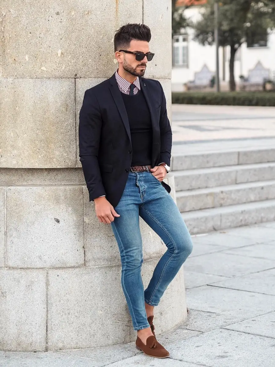 Black Blazer with Shirt, Sweater, and Pants Outfit