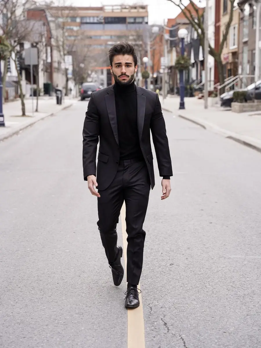 Black Blazer with High-neck and Pants Outfit

