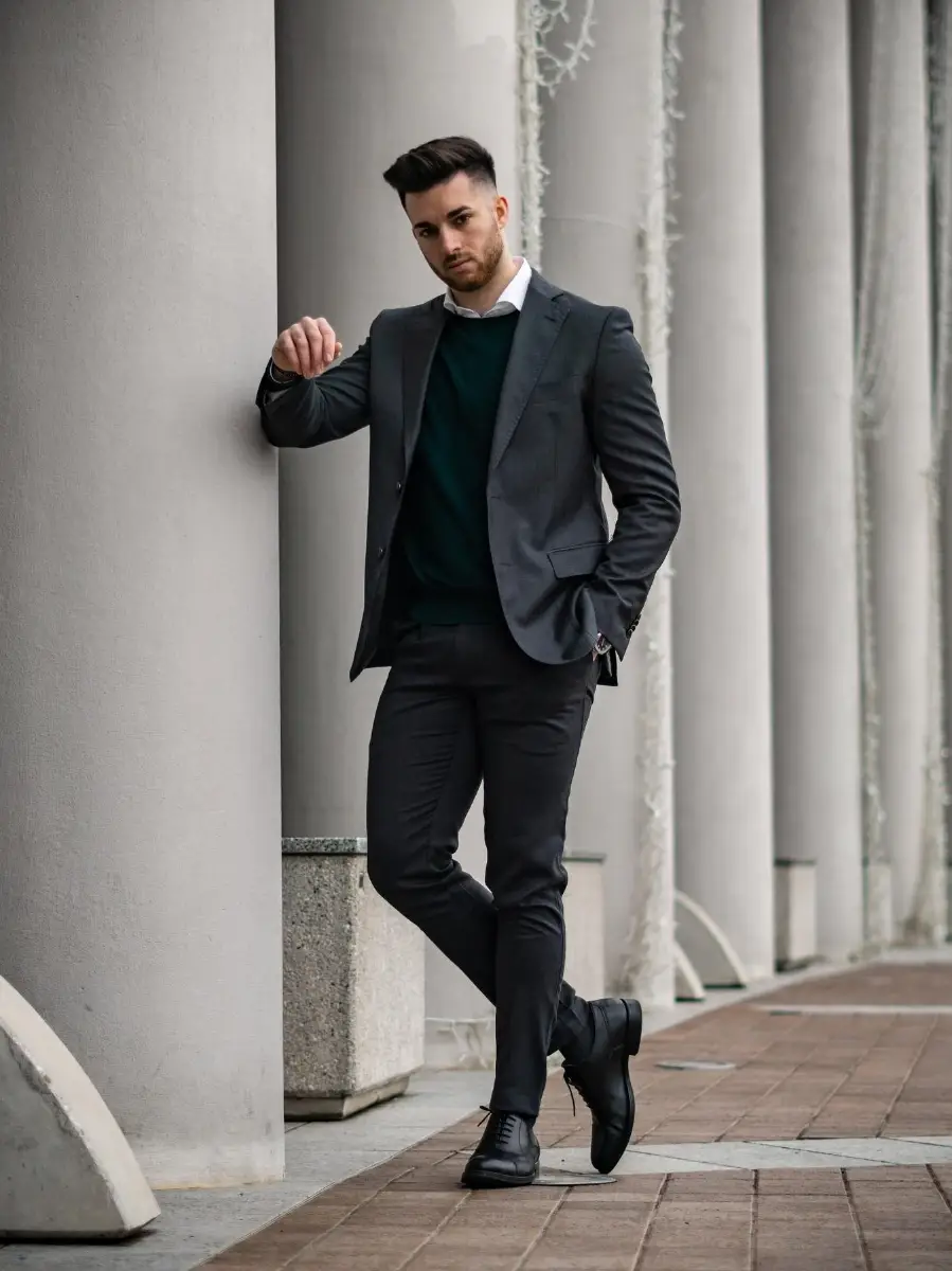 Black Blazer with Shirt, sweaters and Pants Outfit

