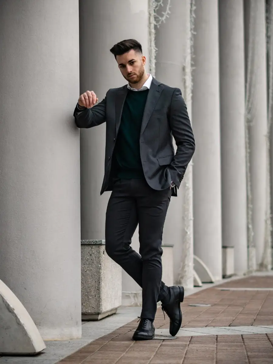 Black Blazer with Shirt, Sweater and Pants Outfit