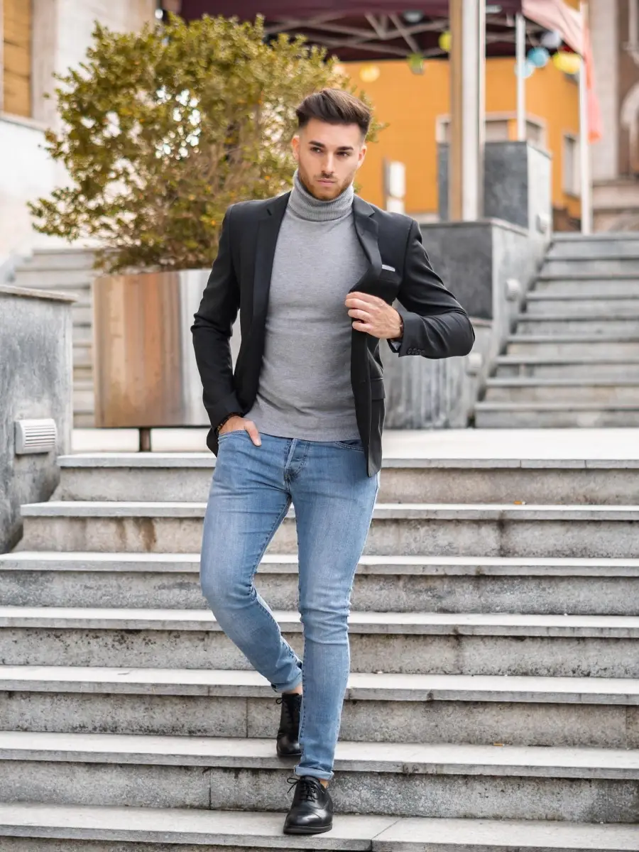 Black Blazer with High-neck and Pants Outfit

