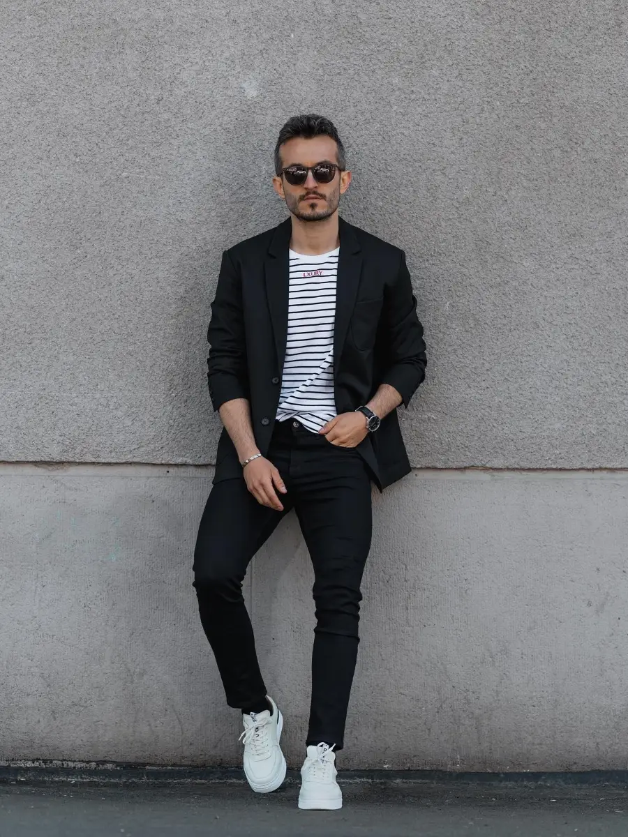 Black Blazer with T-shirt and Pant Outfit