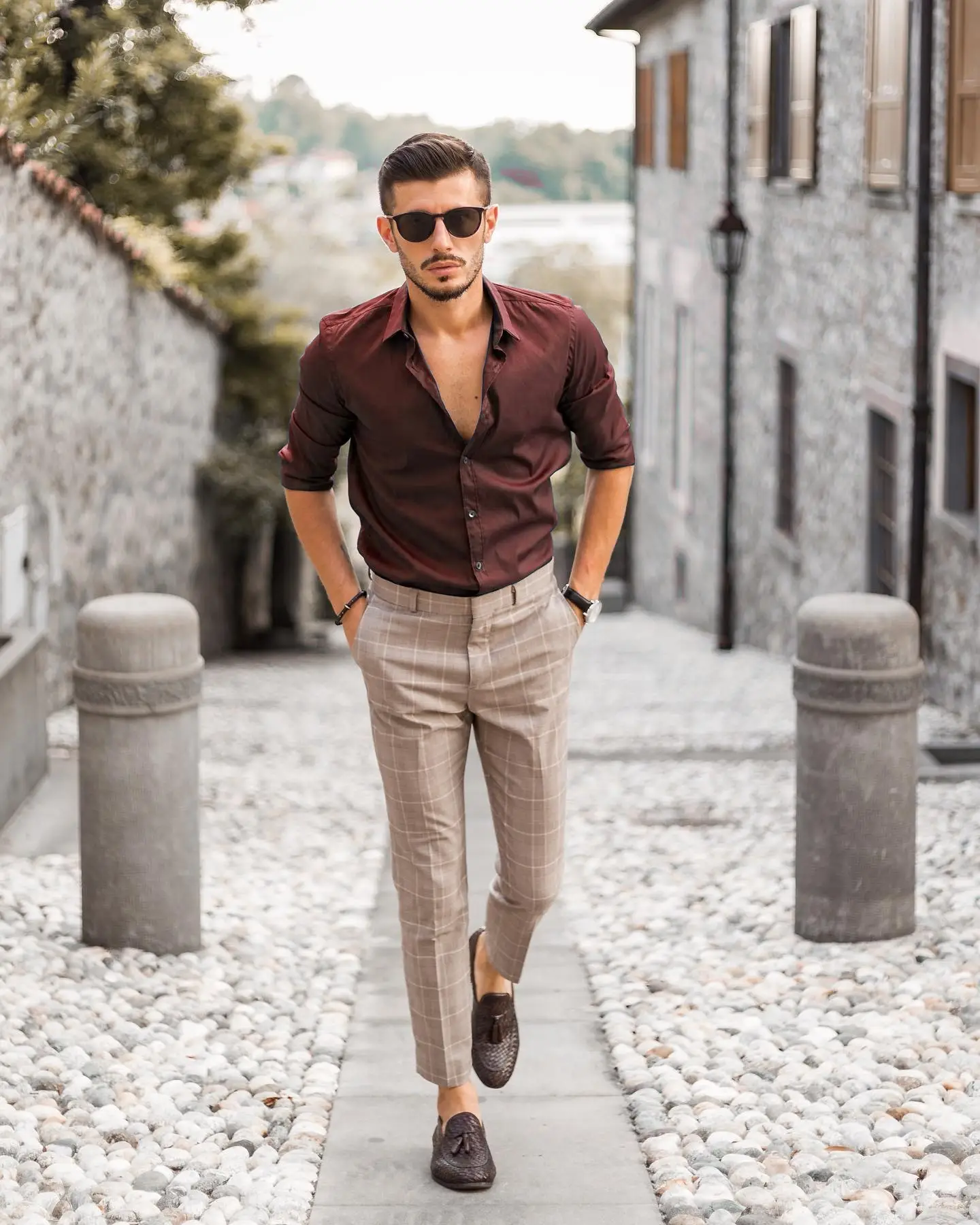 brown shirt with khaki pants