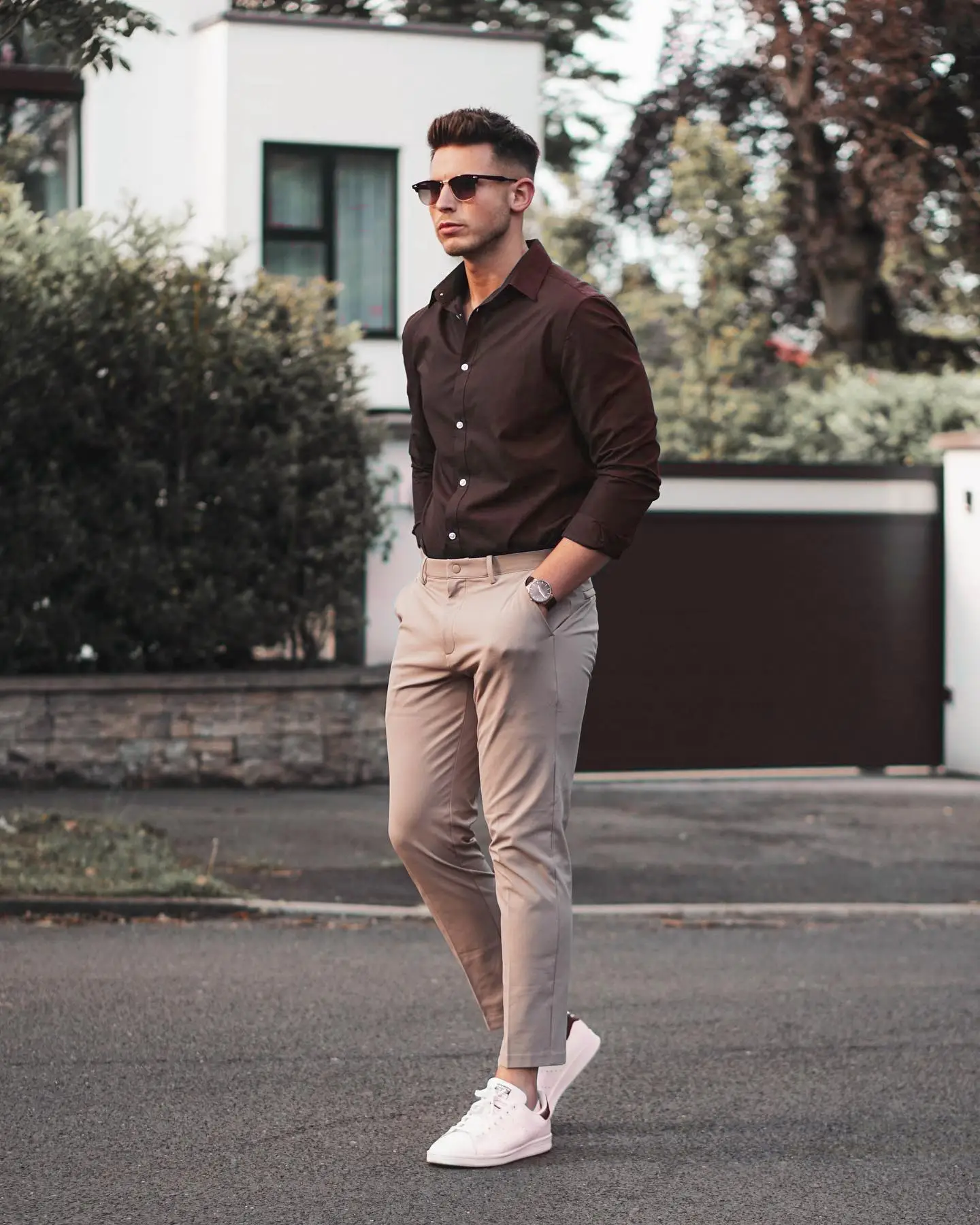 brown shirt with khaki pants