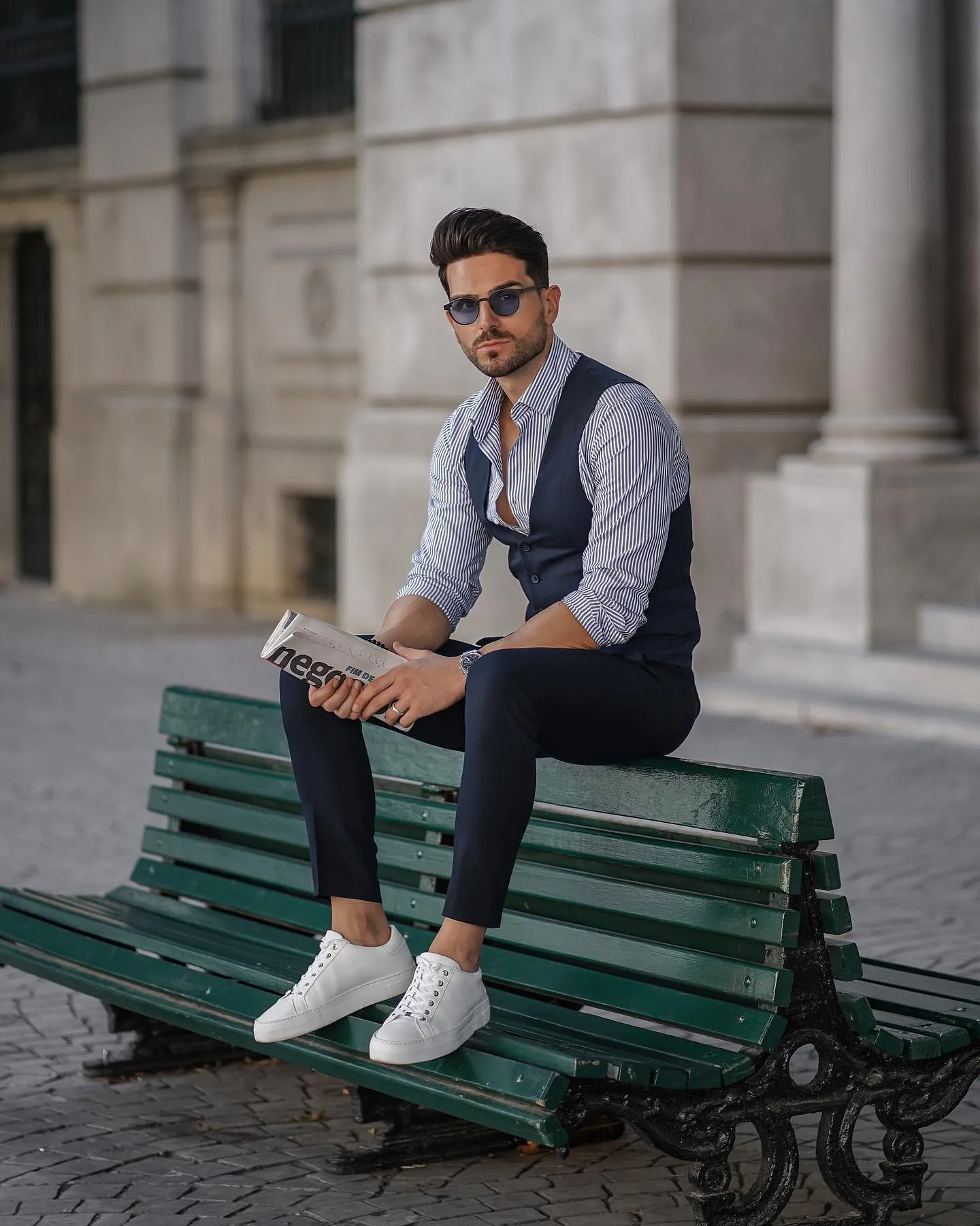 white sneakers with vest, shirt + pants