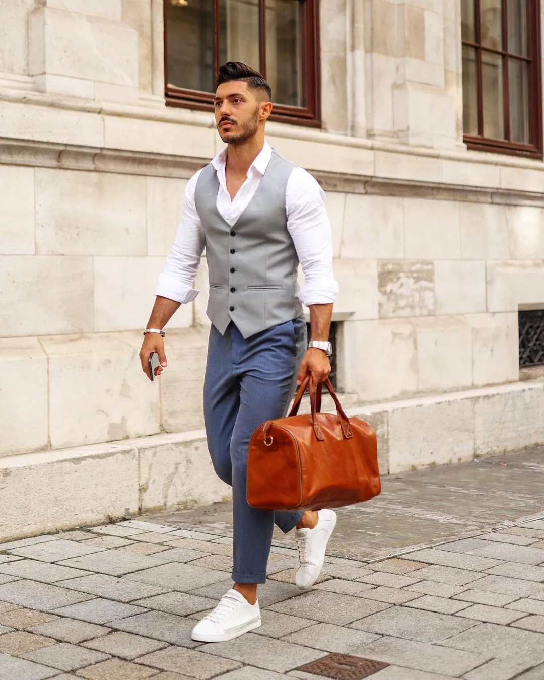 white sneakers with vest, shirt + pants