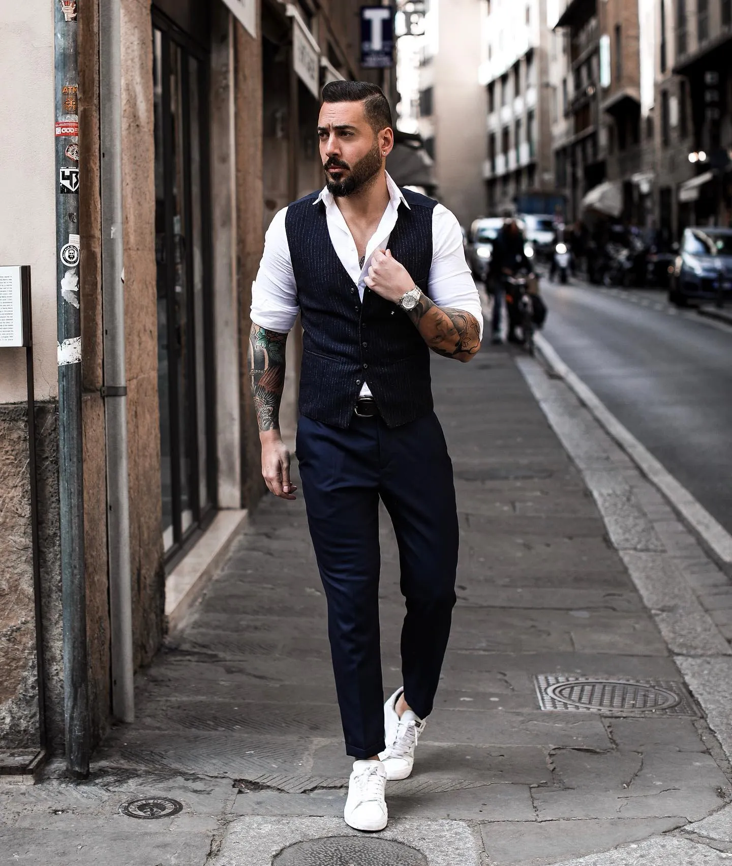 white sneakers with vest, shirt + pants