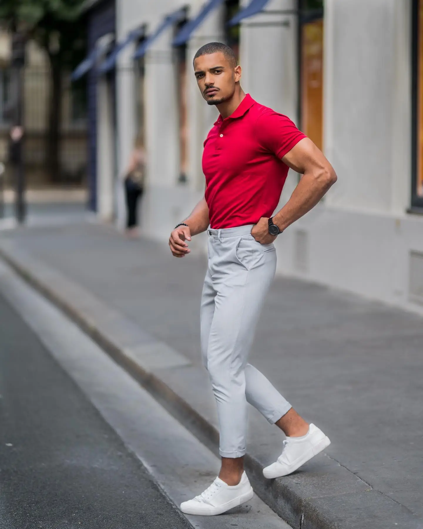 White Sneakers and Grey Pants