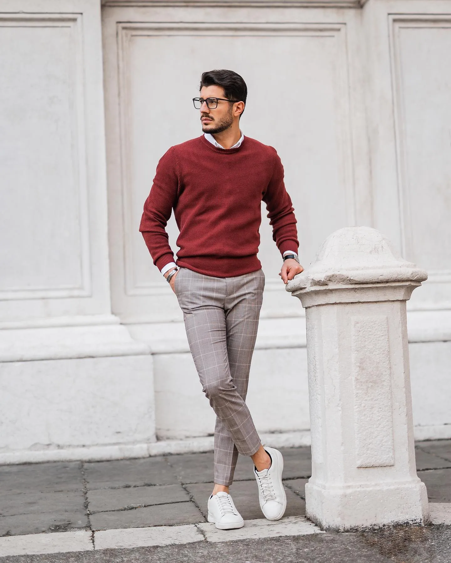 White sneakers with sweater, shirt + pants