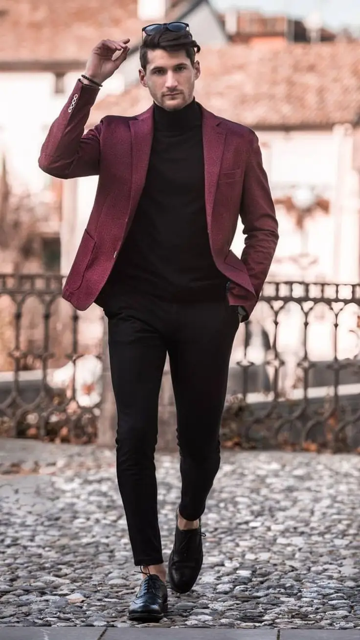 Maroon Blazer with Black Shirt and Black Pants 