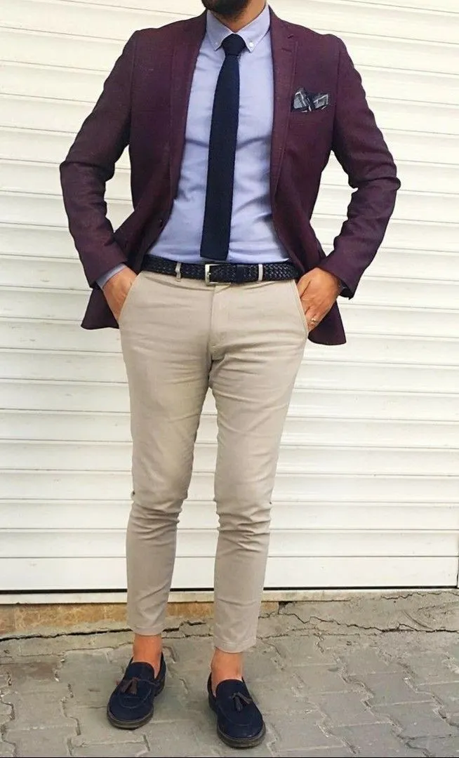 maroon blazer with blue and beige