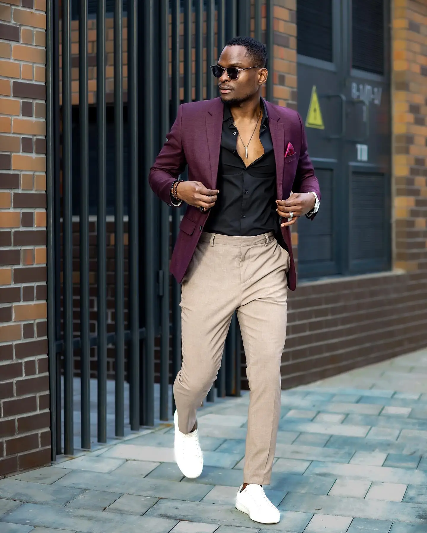 maroon blazer with black and beige