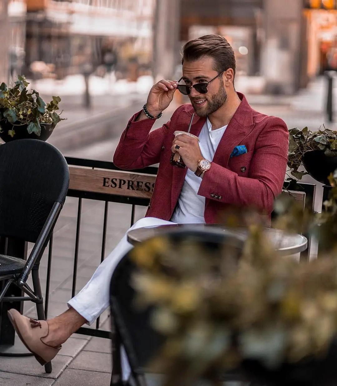 Maroon Blazer with White Shirt and White Pants 