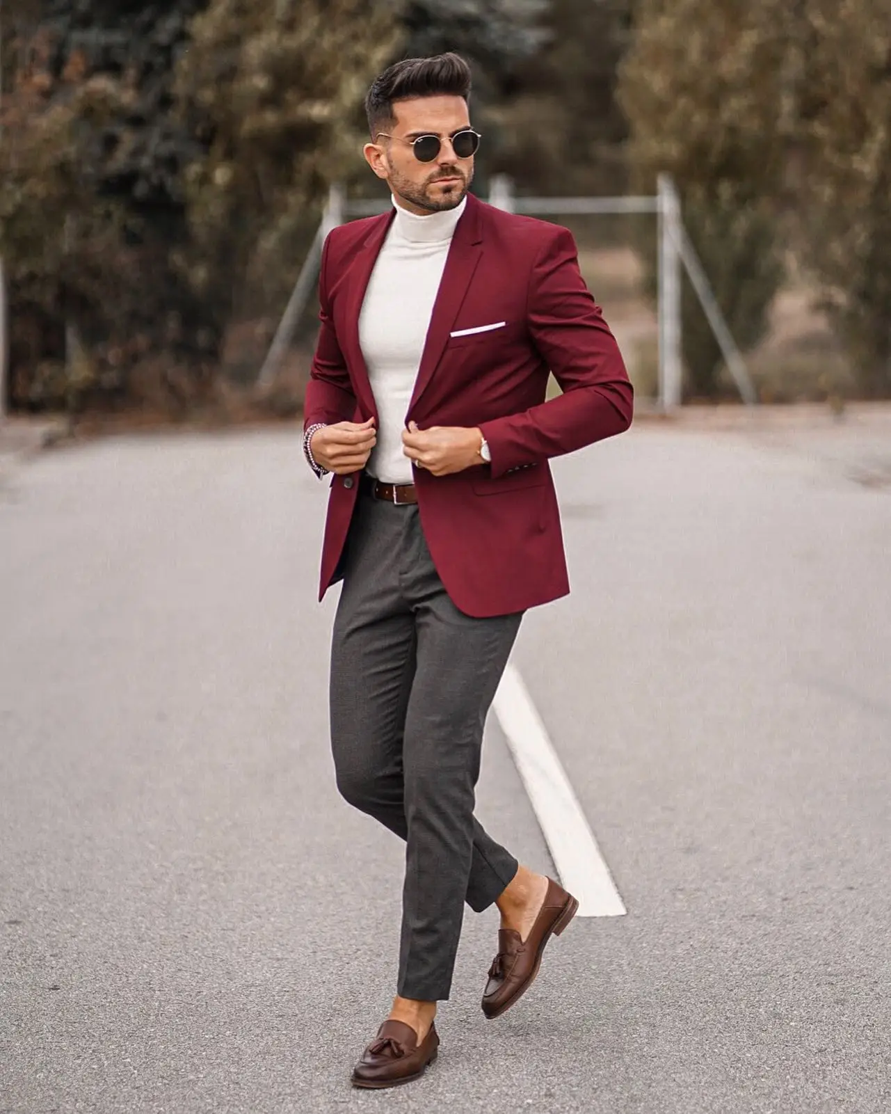 Maroon blazer with white shirt and dark brown pants