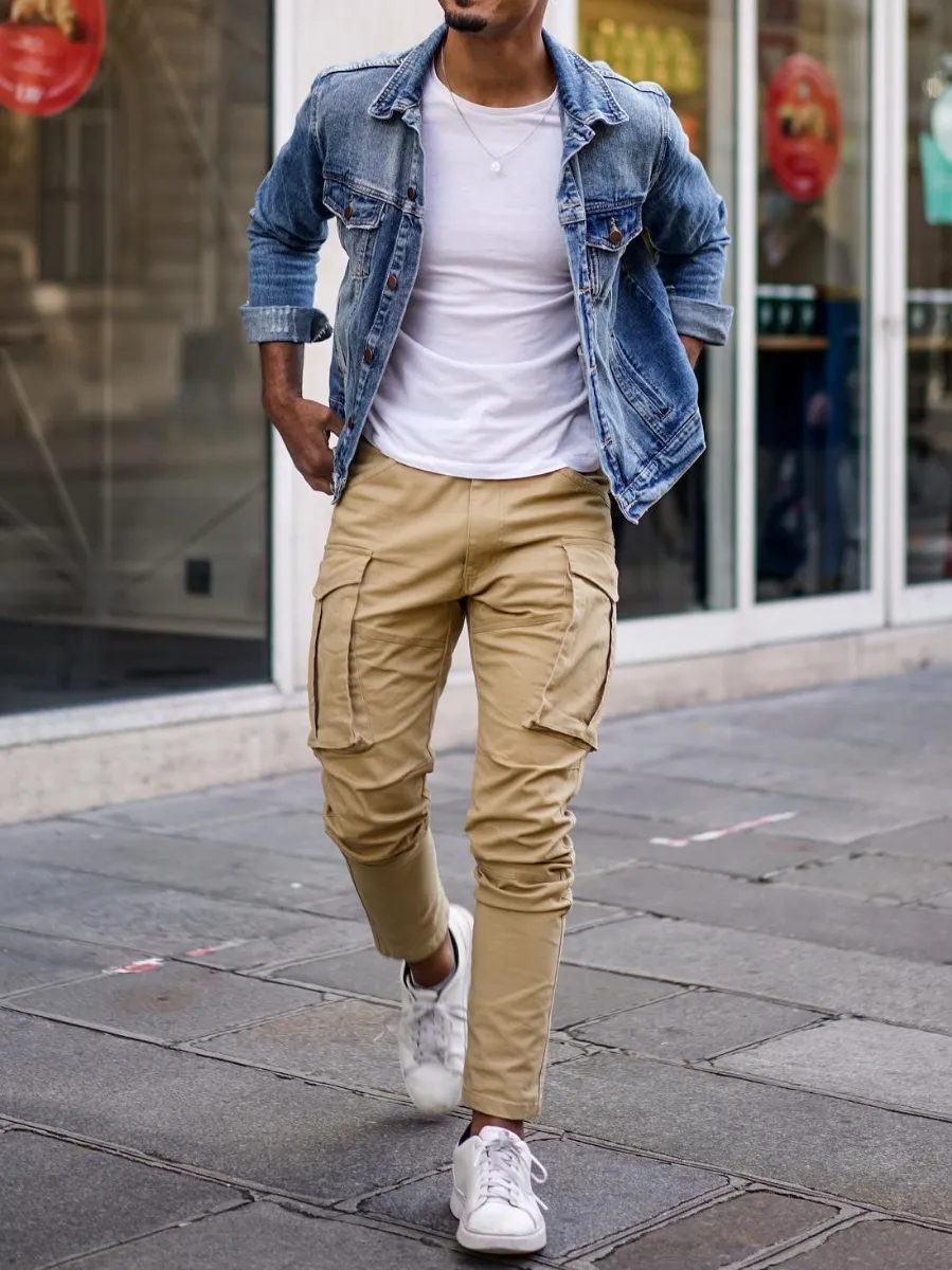 Blue denim jacket with khaki/beige pants