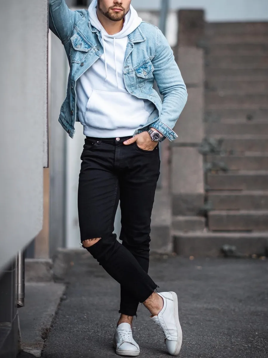 Blue denim jacket with White and Black