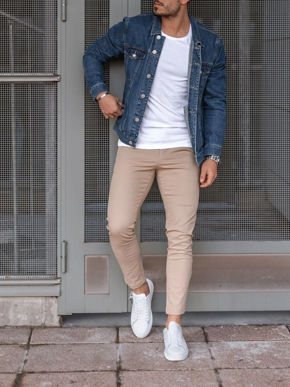 Blue denim jacket with Khaki/Biege Pants