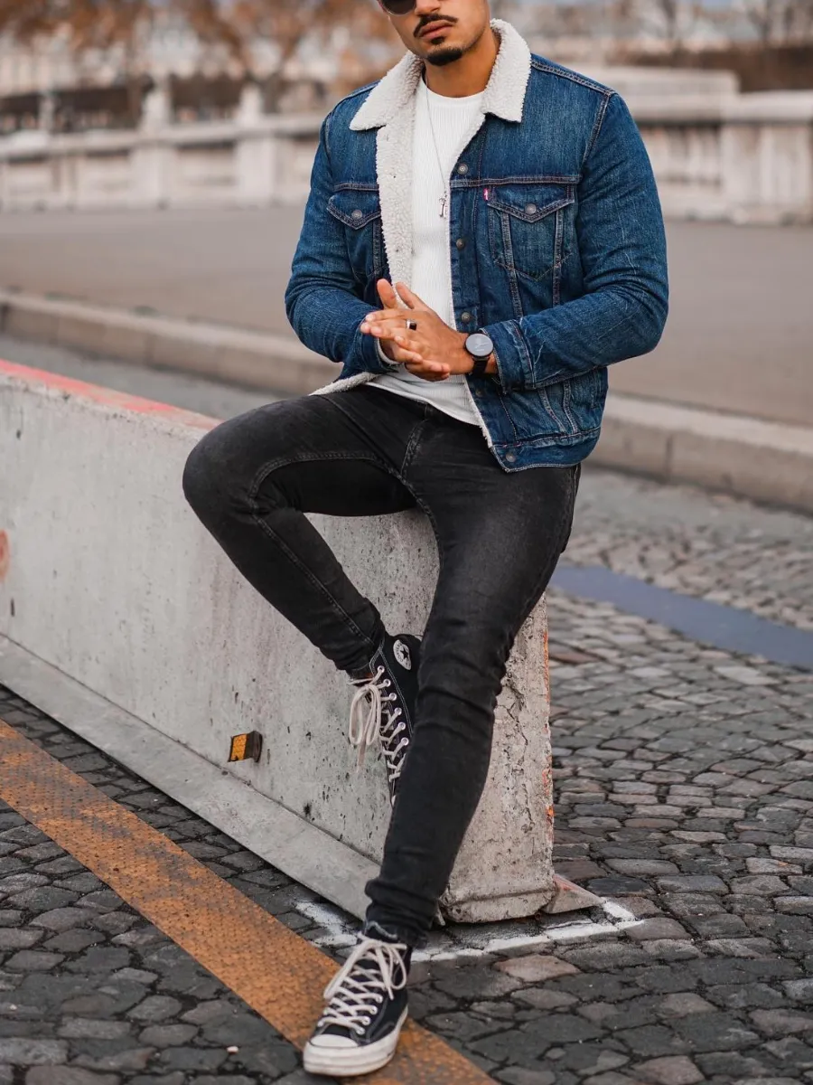 Blue denim jacket with White and Black