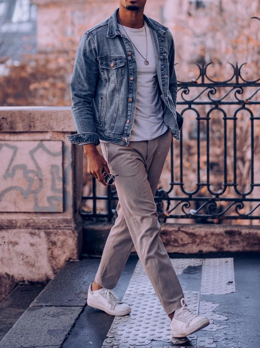 Blue denim jacket with White and Grey