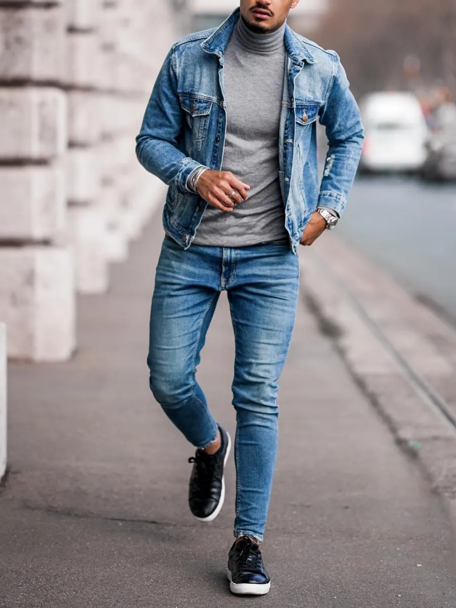 Blue denim jacket with Blue Jeans (Denim on Denim)