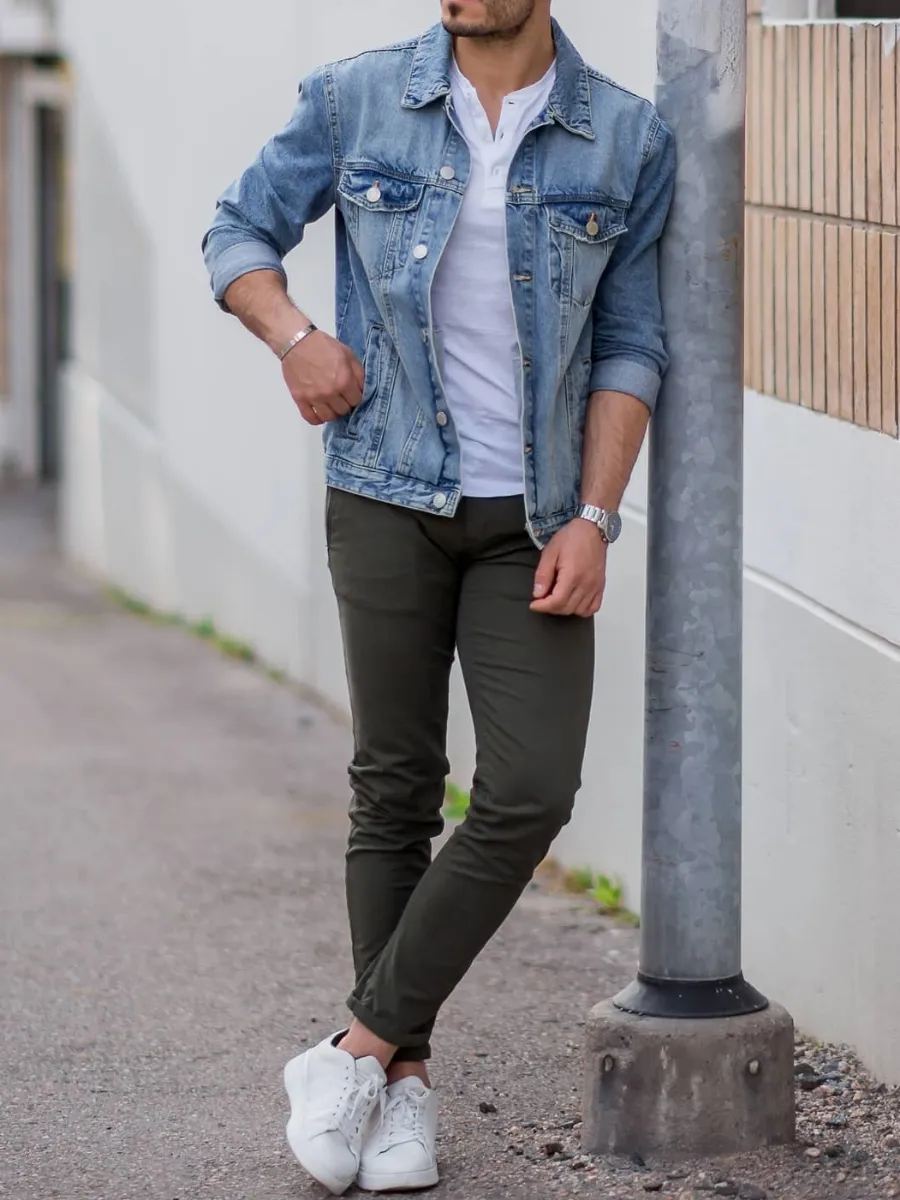 Blue denim jacket with White and Green