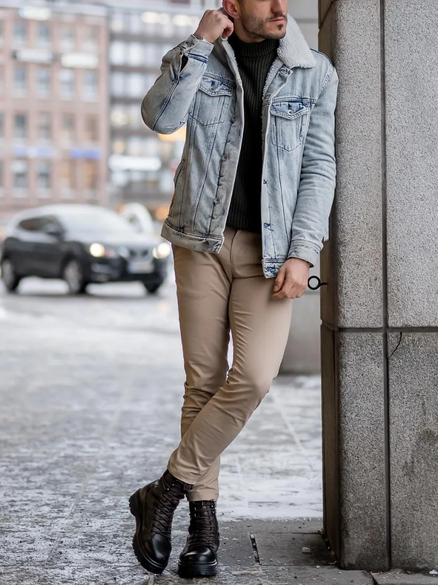 Blue denim jacket with Khaki/Biege Pants