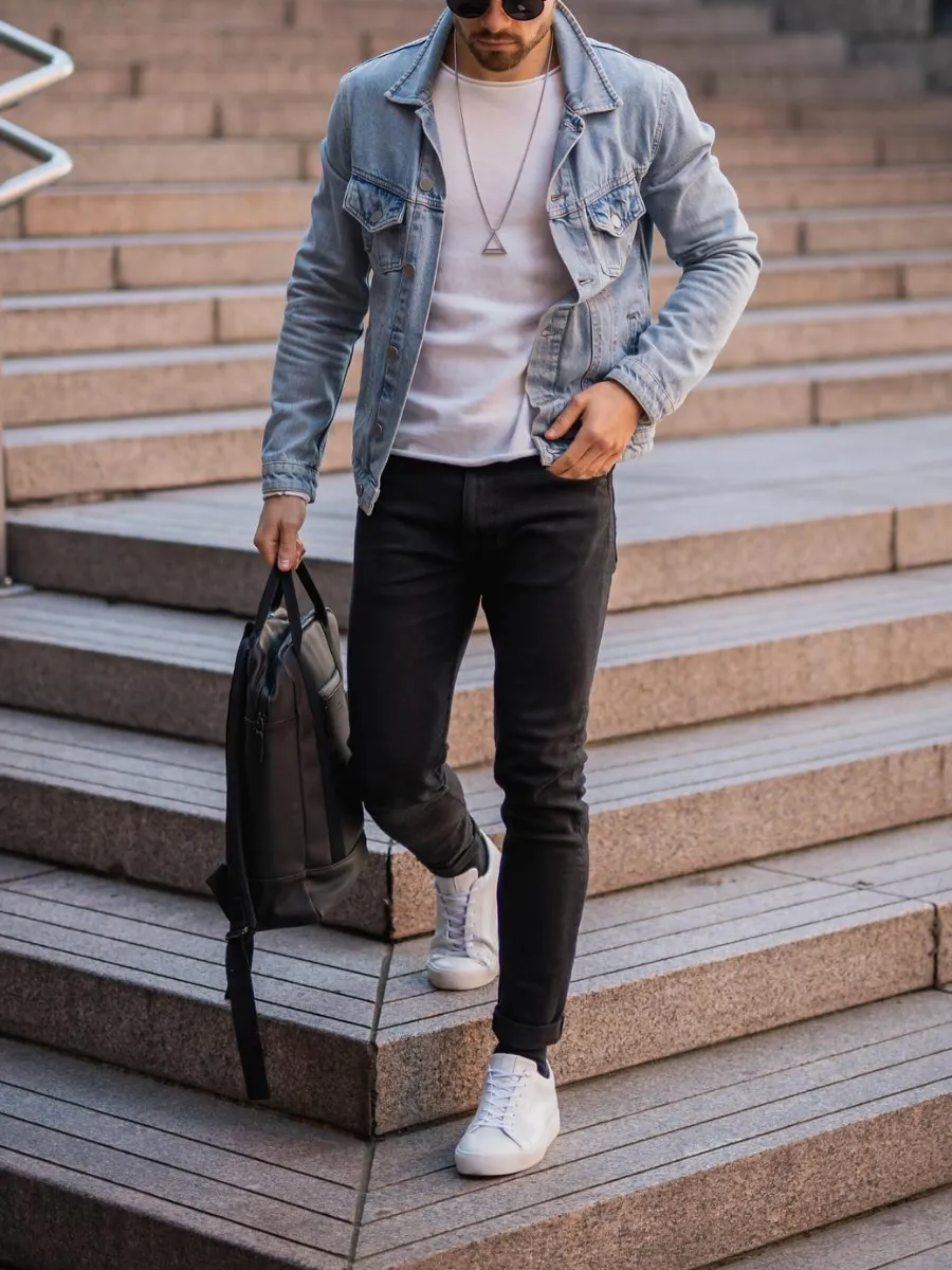 Blue denim jacket with White and Black