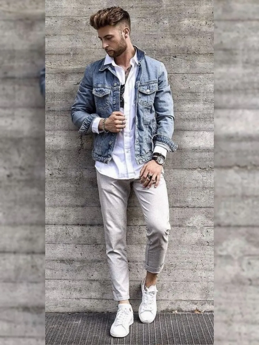 Blue denim jacket with White and Grey