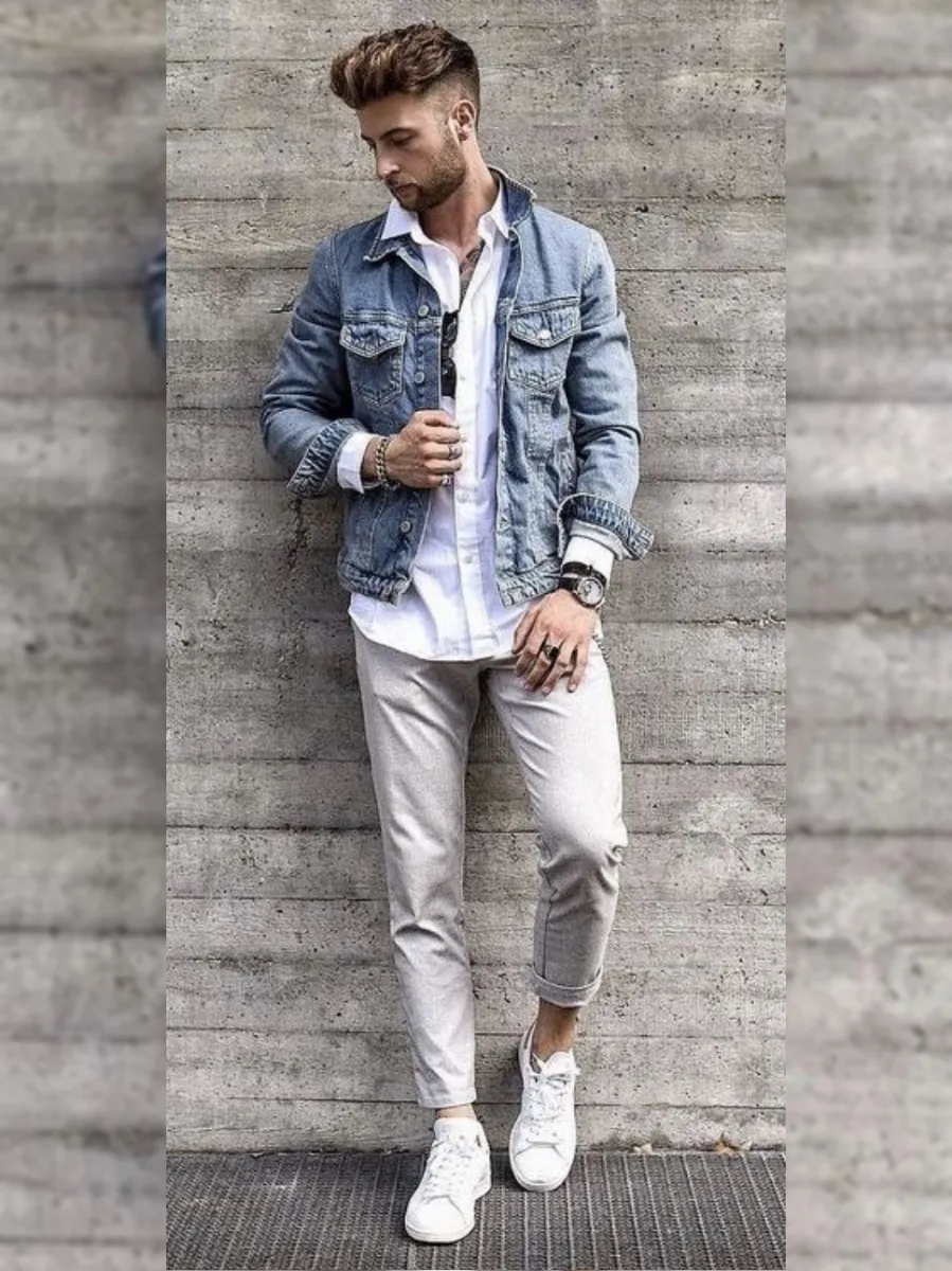 blue denim jacket with white and gray
