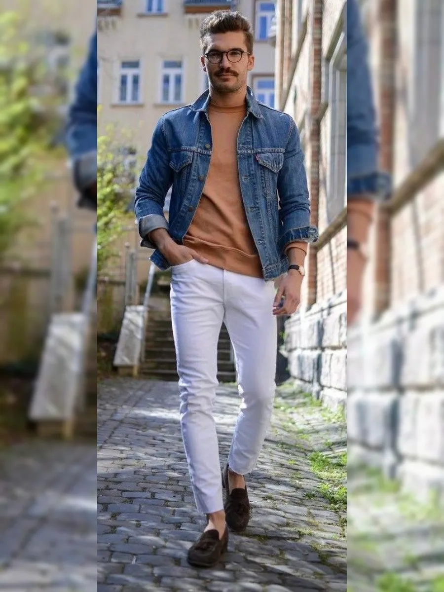 Blue denim jacket with white and brown