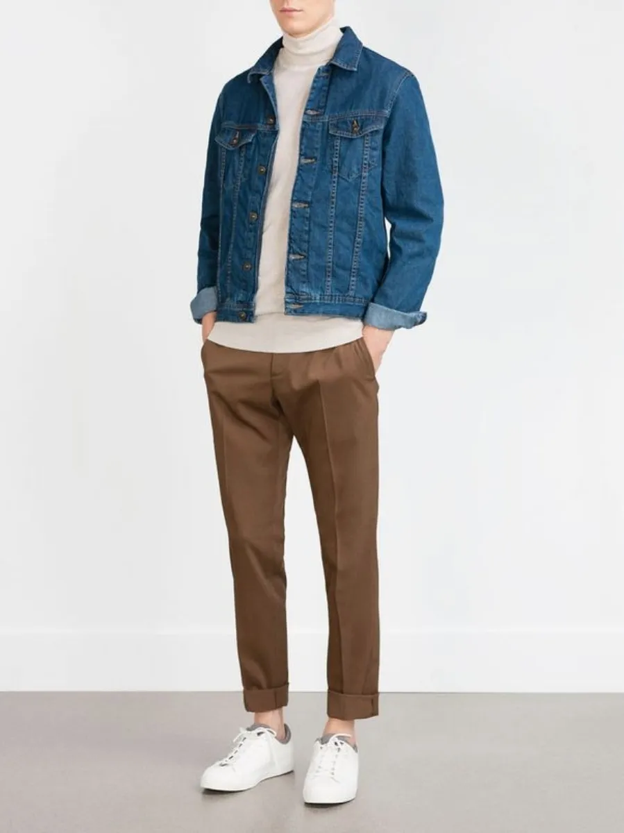 Blue denim jacket with White and Brown 