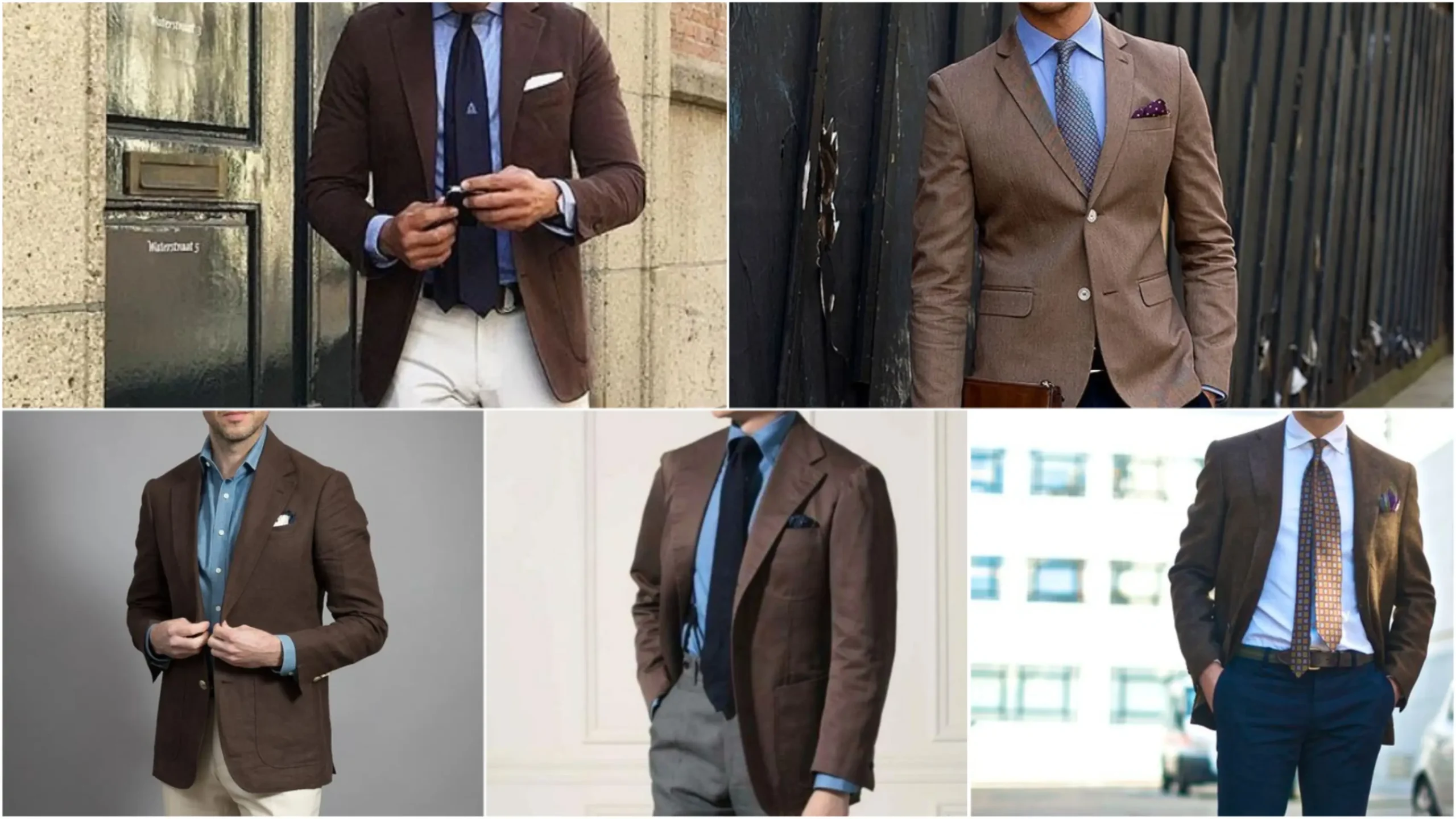 brown trousers blue jacket