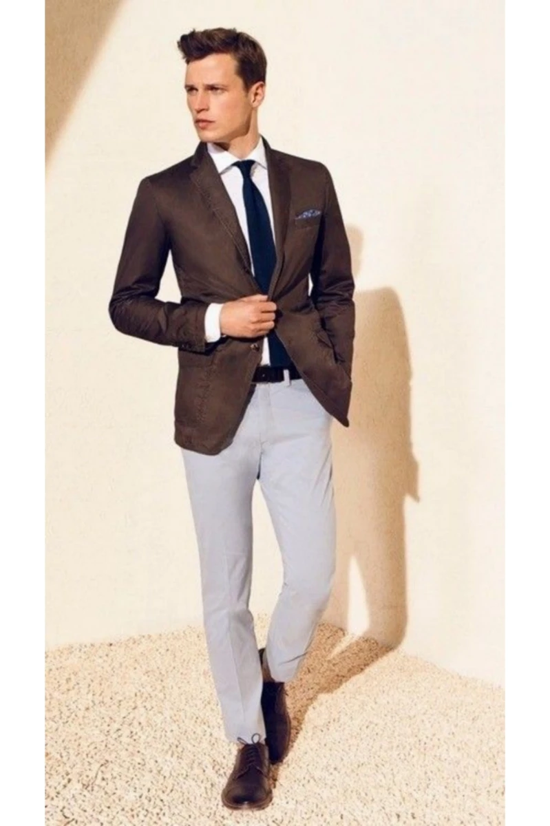 Brown Blazer with White Shirt and Light Grey Pants 