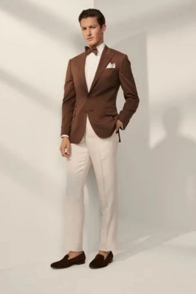 Brown Blazer with White Shirt and Biege Pants 