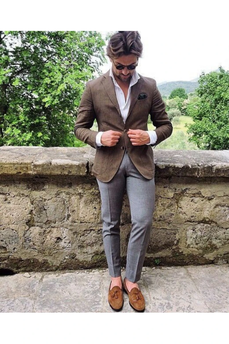 Brown Blazer with White Shirt and Light Grey Pants 