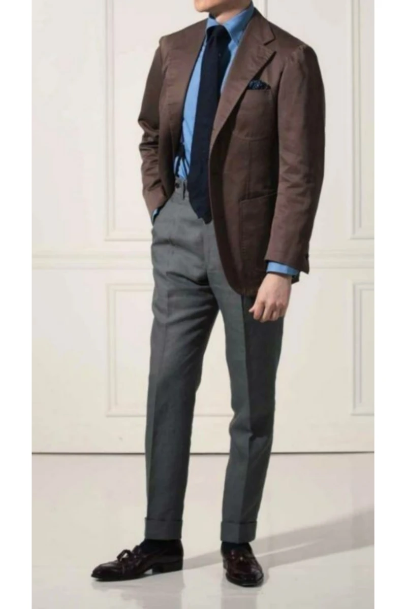 Brown Blazer with Light Blue Shirt and Charcoal Grey Pants 
