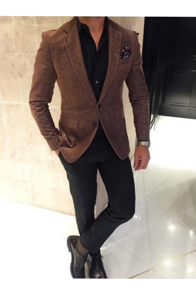 Brown Blazer with Black Shirt and Black Pants 