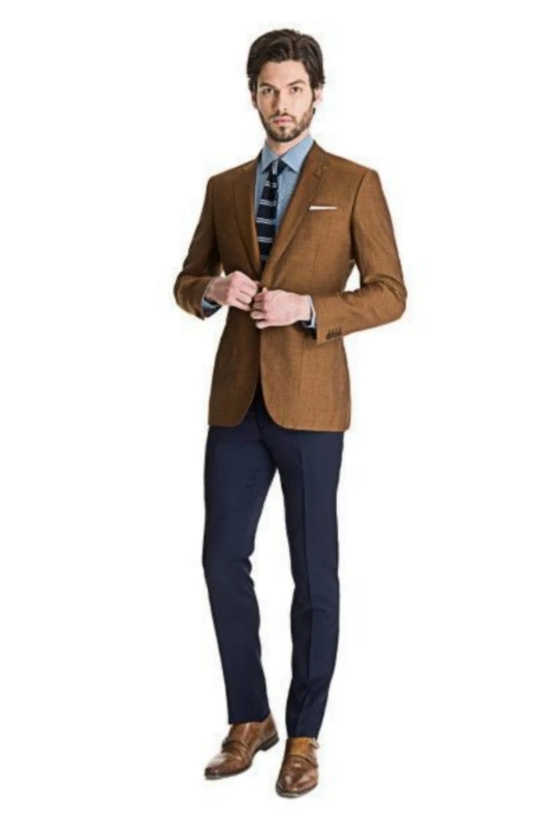 Brown Blazer with Light Blue Shirt and Navy Blue Pants 