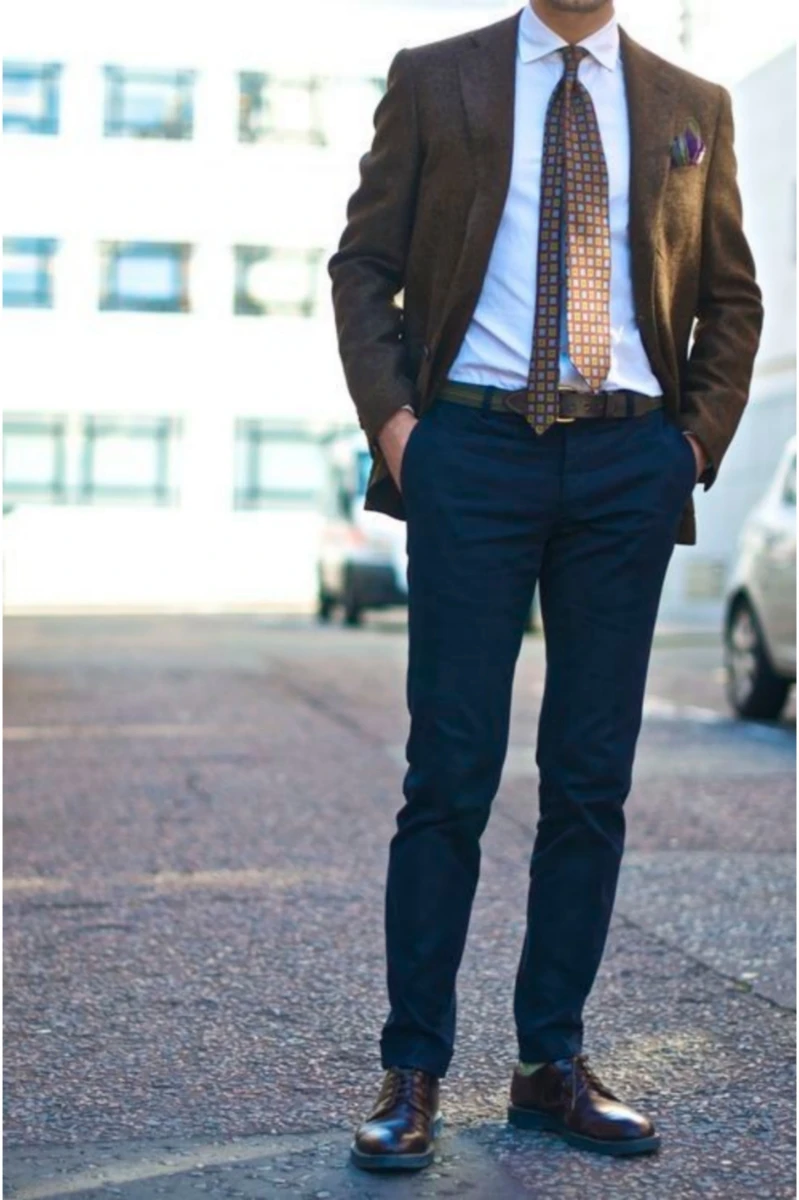 Brown Blazer with Light Blue Shirt and Navy Blue Pants 