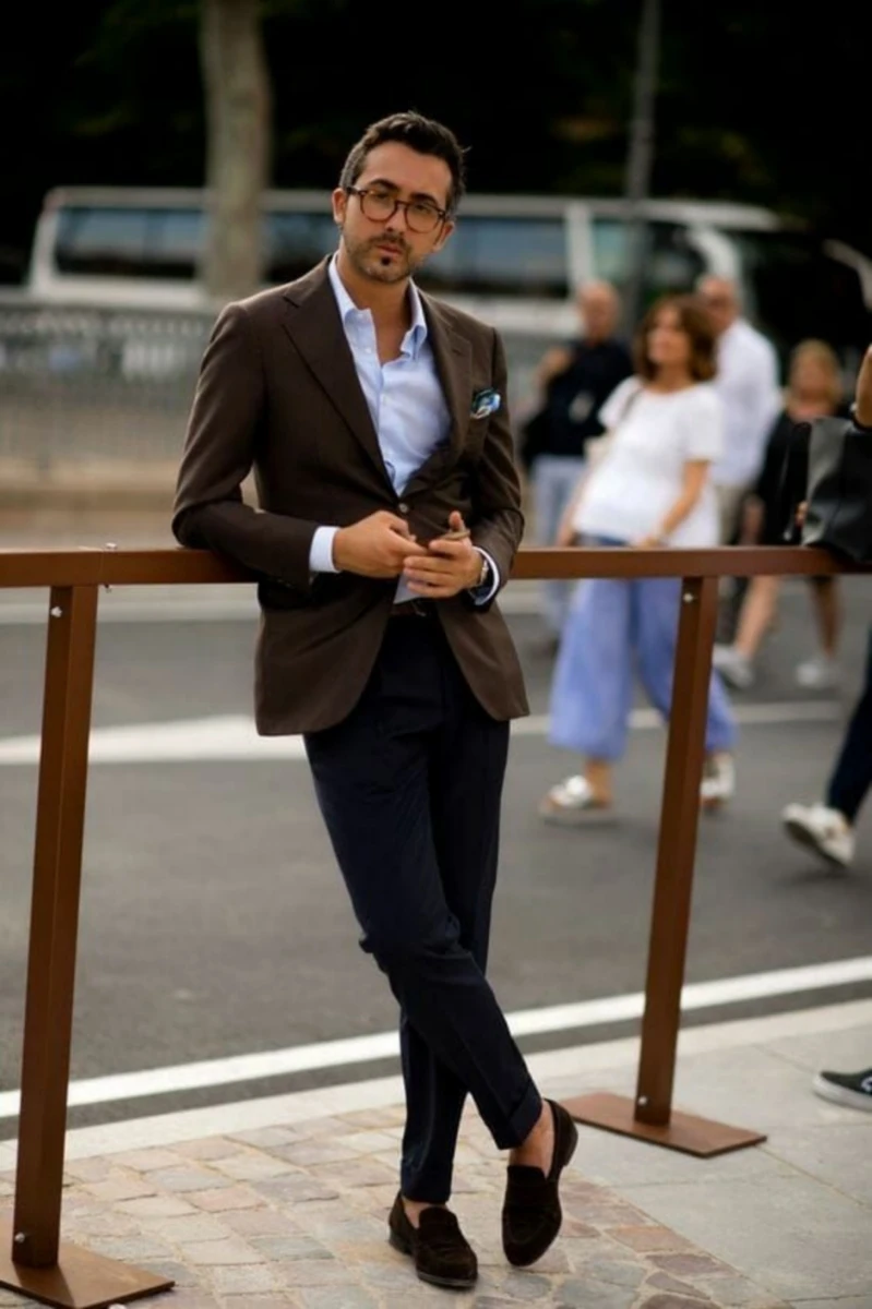 Brown Blazer with Light Blue Shirt and Black Pant