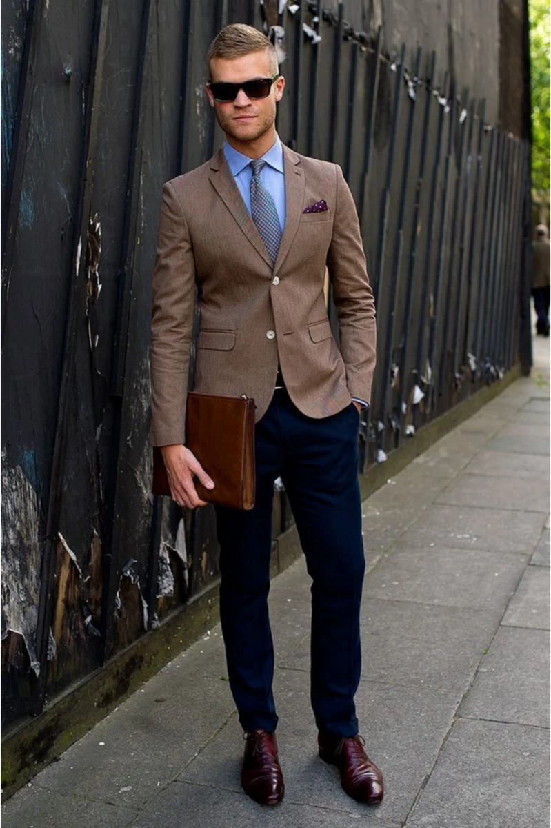 Brown Blazer with Light Blue Shirt and Navy Blue Pants 