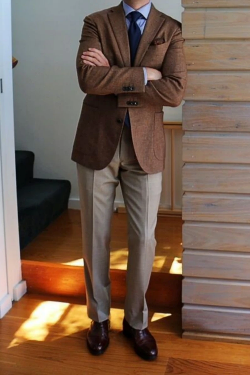 Brown Blazer with Light Blue Shirt and Charcoal Grey Pants 