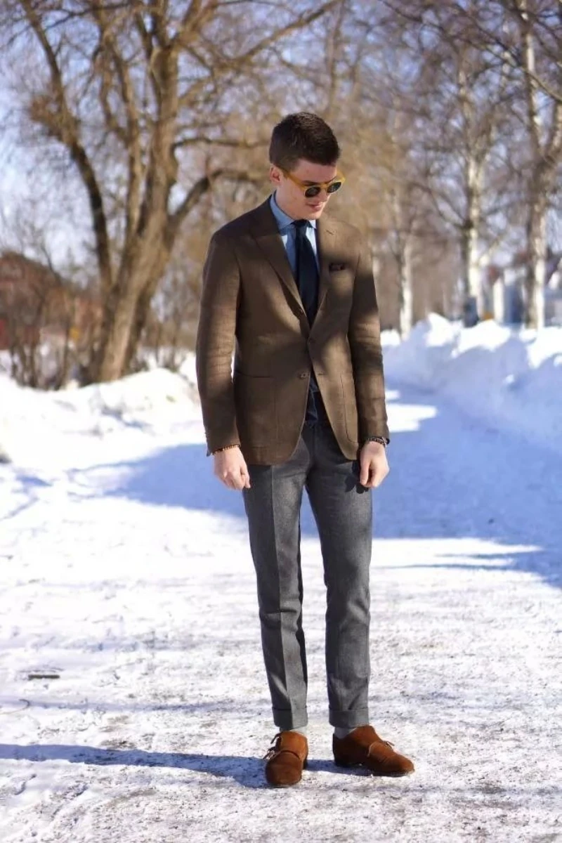 Brown Blazer with Light Blue Shirt and Charcoal Grey Pants 