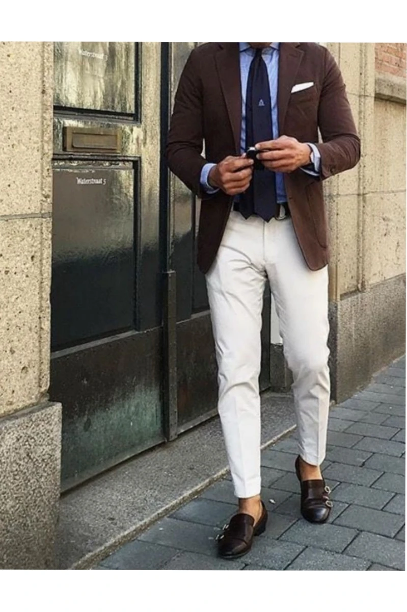 Brown Blazer with Light Blue Shirt and Charcoal White Pants 