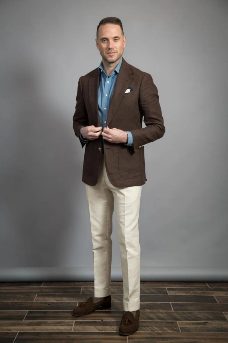 Brown Blazer with Light Blue Shirt and Charcoal White Pants 