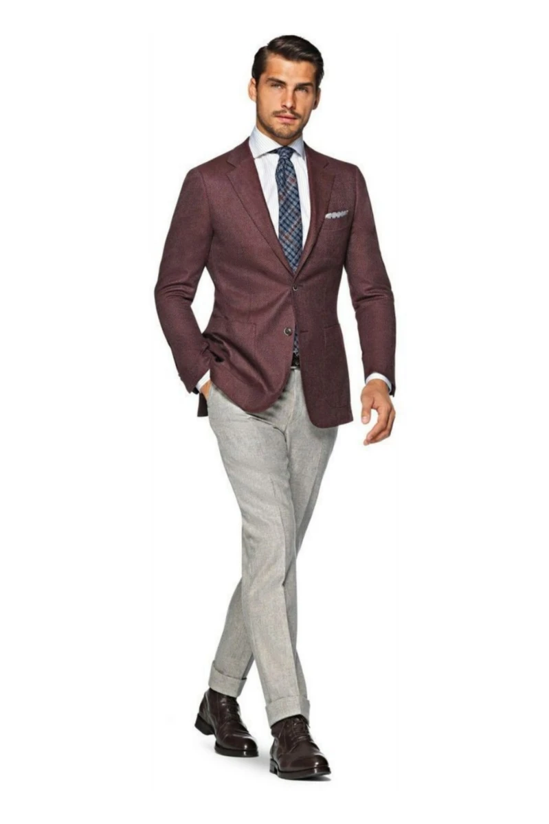 Brown Blazer with White Shirt and Light Grey Pants 