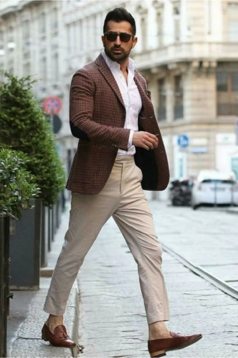 Brown Blazer with White Shirt and Biege Pants 