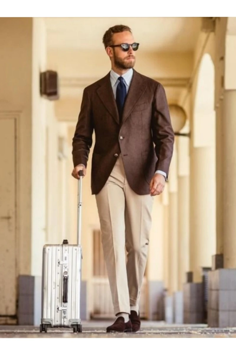 Brown Blazer with White Shirt and Biege Pants 