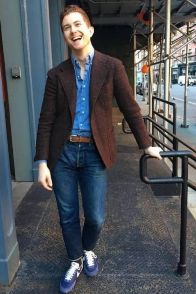 Brown Blazer with Blue Shirt and Blue Pants 